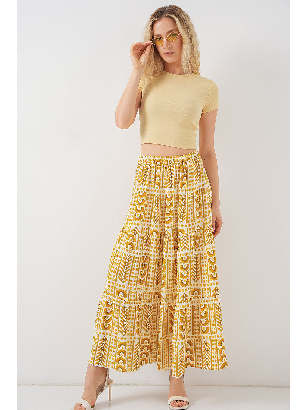Kadın Desenli Uzun Etek 8053 - Sarı