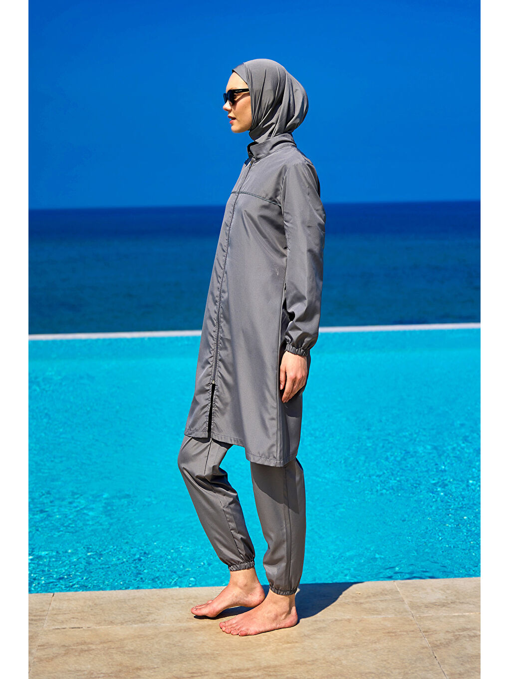 Gri Tam Kapalı Tesettür Mayo Takımı Su İtici Kumaş A2501-3-2