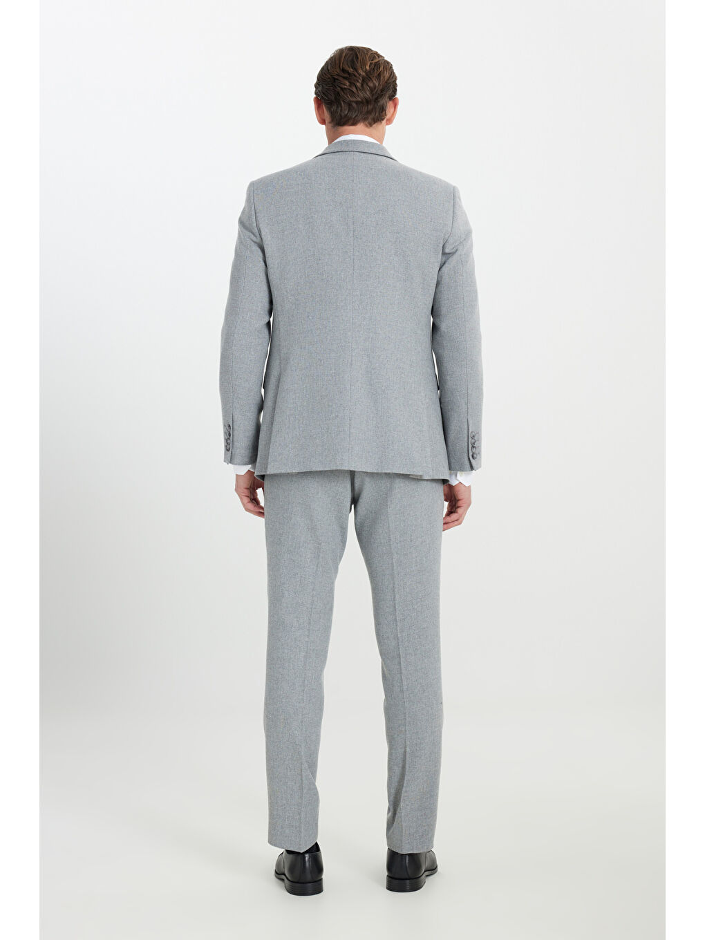 Erkek Gri Yünlü Slim Fit Dar Kesim Mono Yaka Diagonal Desenli Kapak Cepli Yelekli Takım Elbise-6