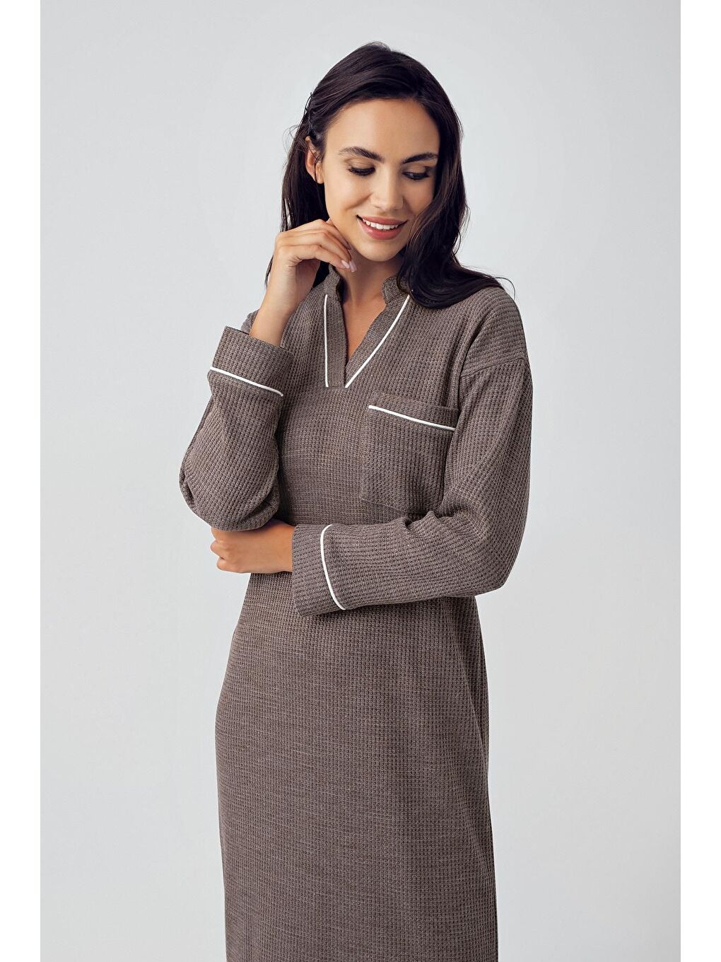 Kahverengi Uzun Kollu Yumuşak Dokulu Waffle Triko Elbise 15113-1