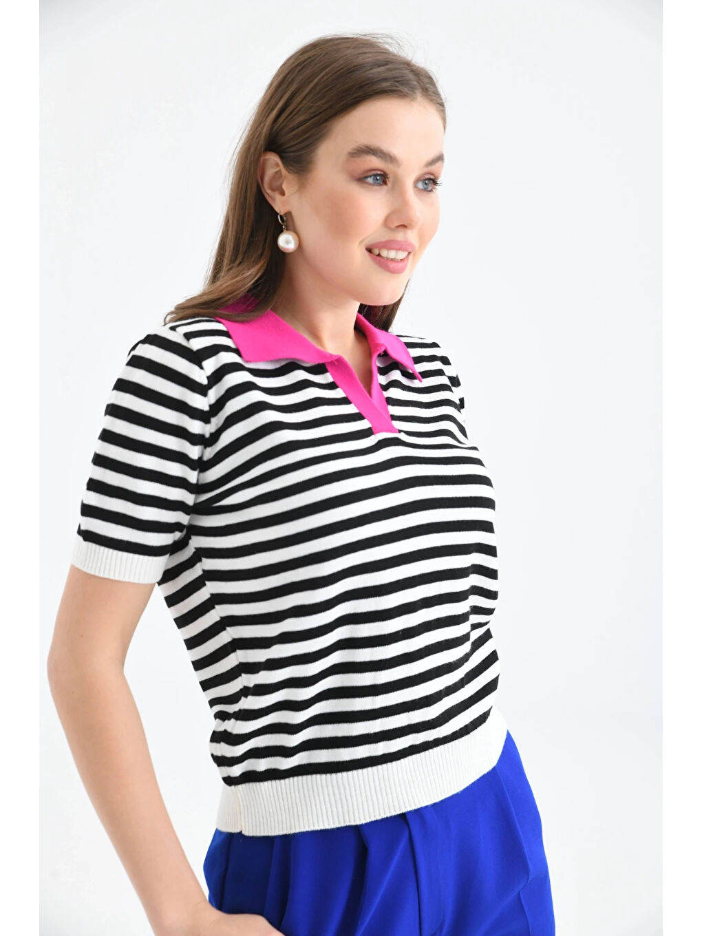 Fuşya Kadın Polo Yaka Çizgili Triko Kazak-2