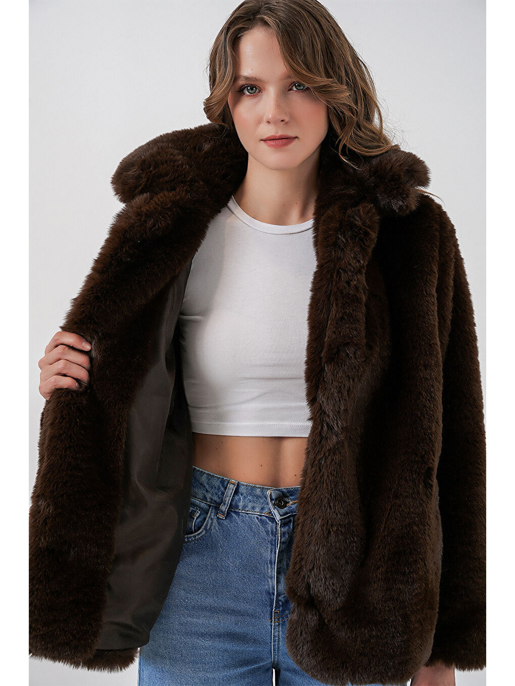 Kadın Pelüş Kürk Mont 5234 - Kahverengi-2