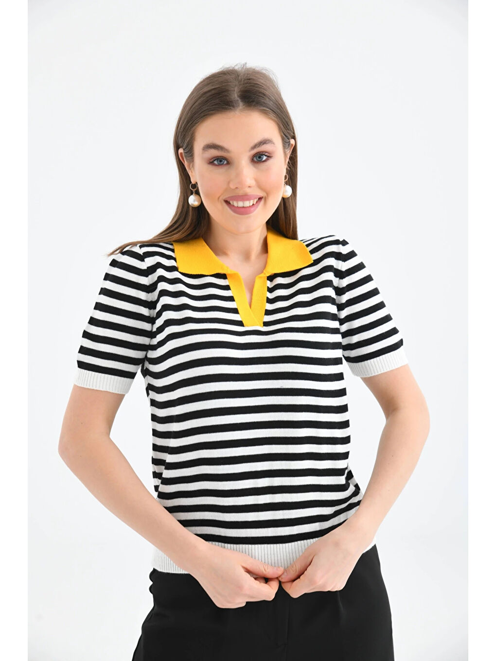 Sarı Kadın Polo Yaka Çizgili Triko Kazak
