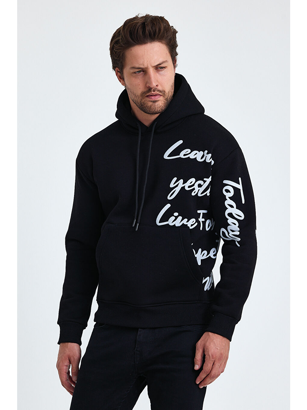 Tarz Cool Siyah Erkek Today Yazı Baskılı 3 İplik Şardonlu Kapüşonlu Regular Sweatshirt