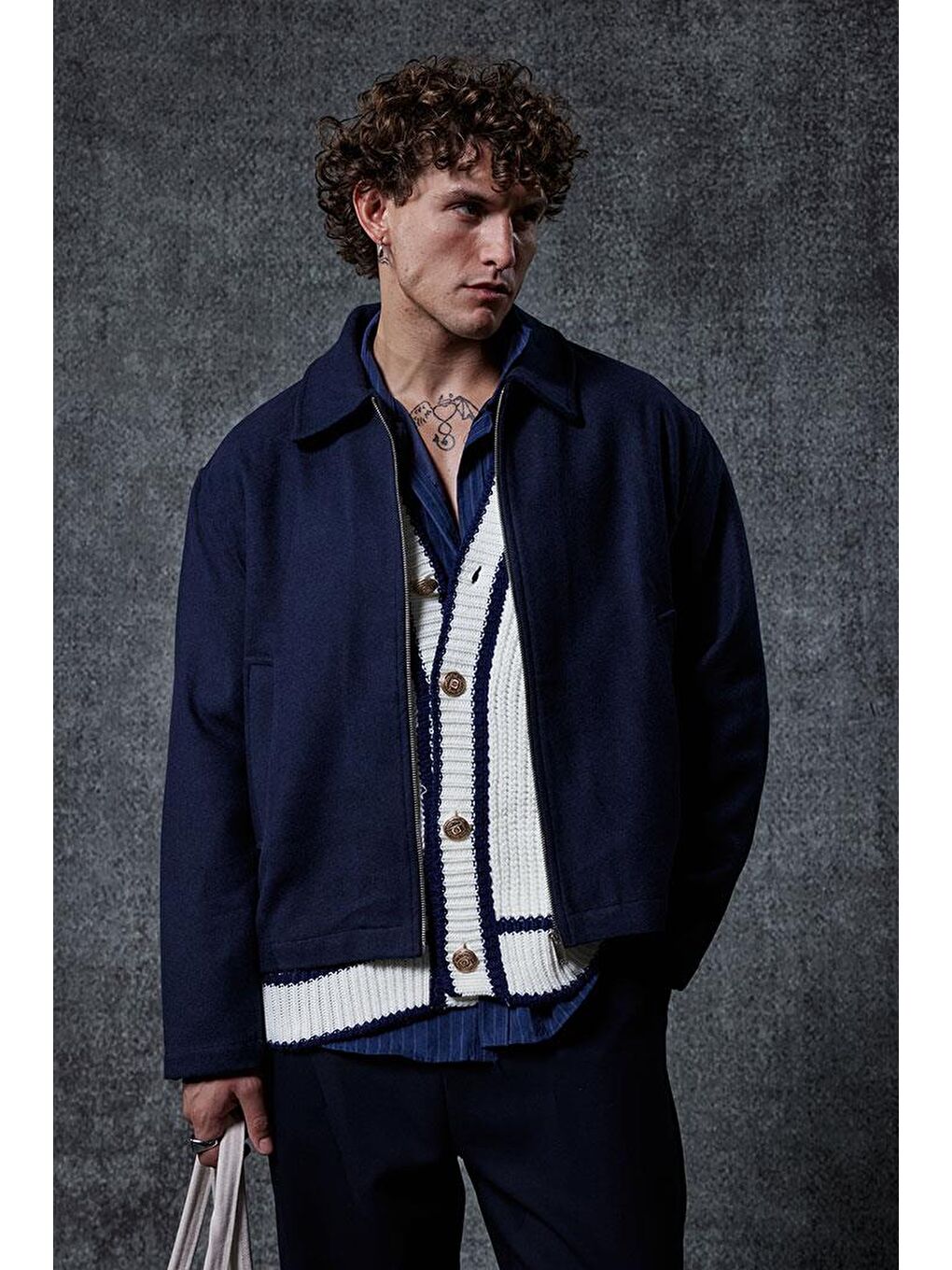 Erkek Oversize İnce Fermuarlı Ceket Lacivert-1