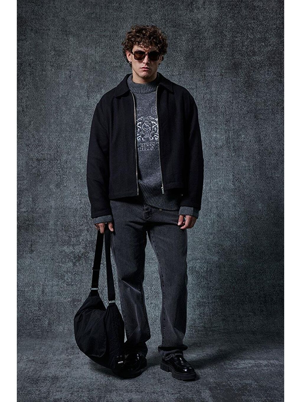 Erkek Oversize İnce Fermuarlı Ceket Siyah-4