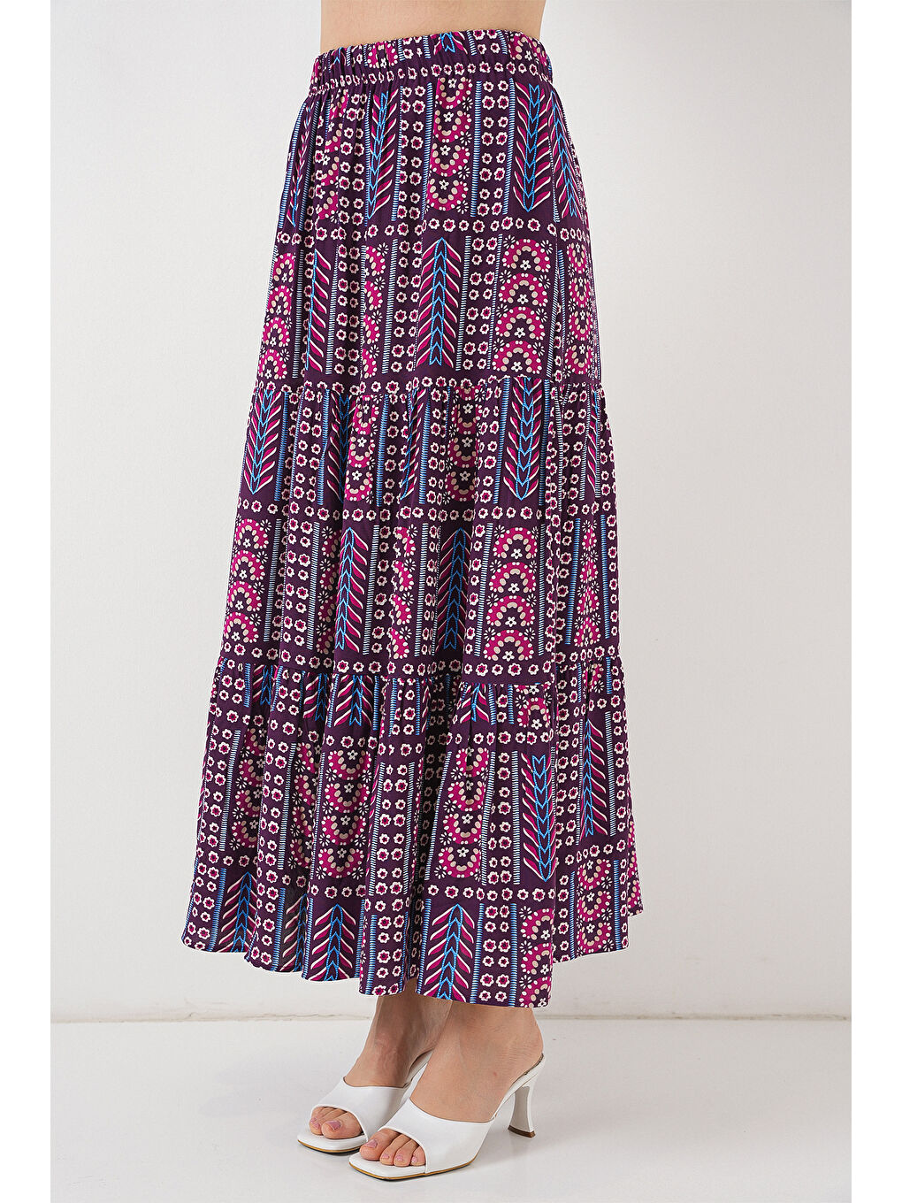Kadın Desenli Uzun Etek 8053 - Mor-1