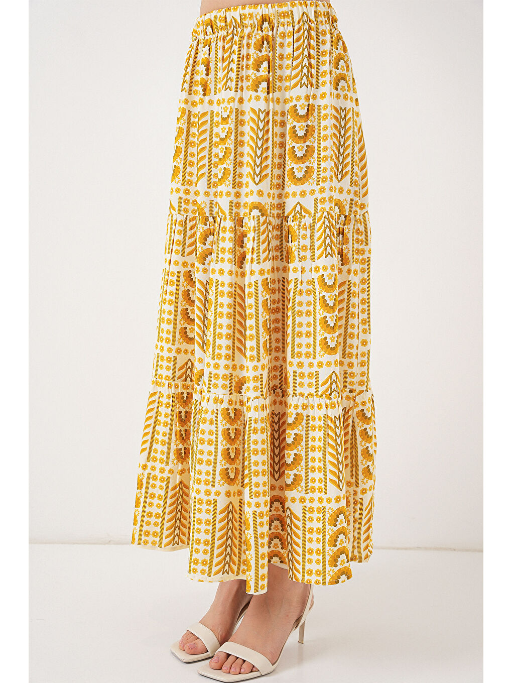 Kadın Desenli Uzun Etek 8053 - Sarı-1
