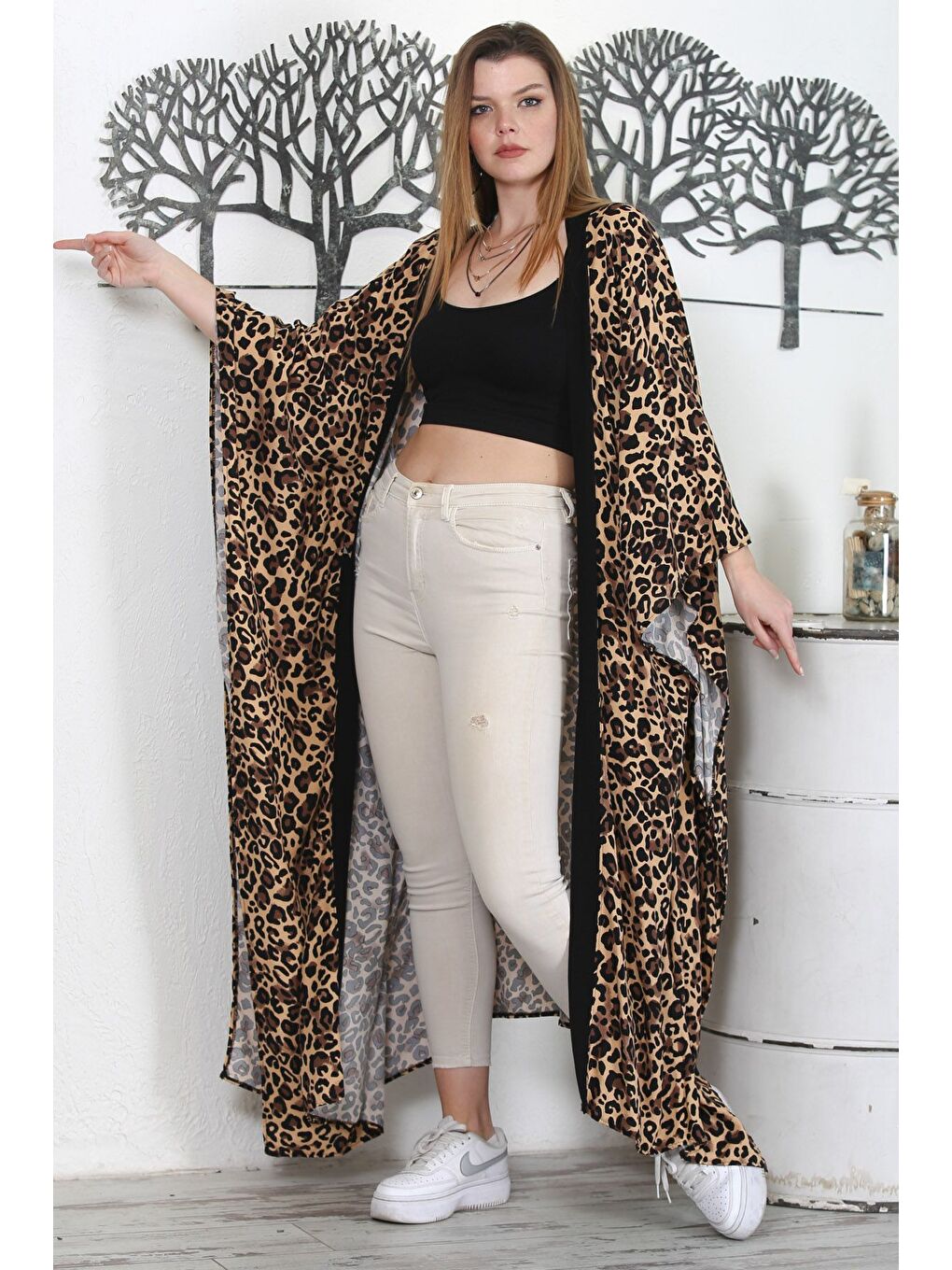 Kahverengi Leopar Rengi Allover Baskılı Kuşaklı Casual Oversize Dokuma Kimono Ceket-2