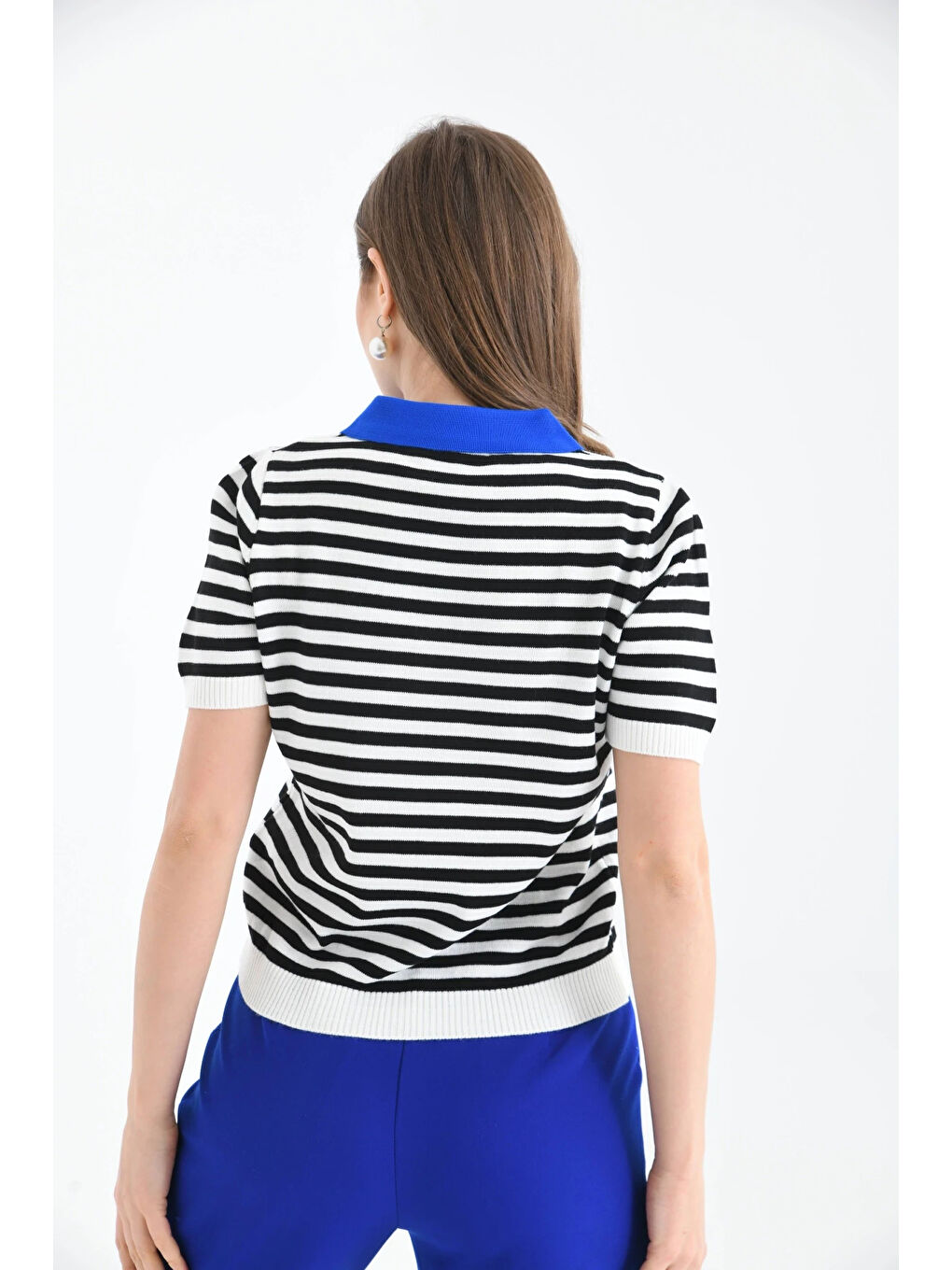 Mavi Kadın Polo Yaka Çizgili Triko Kazak-4