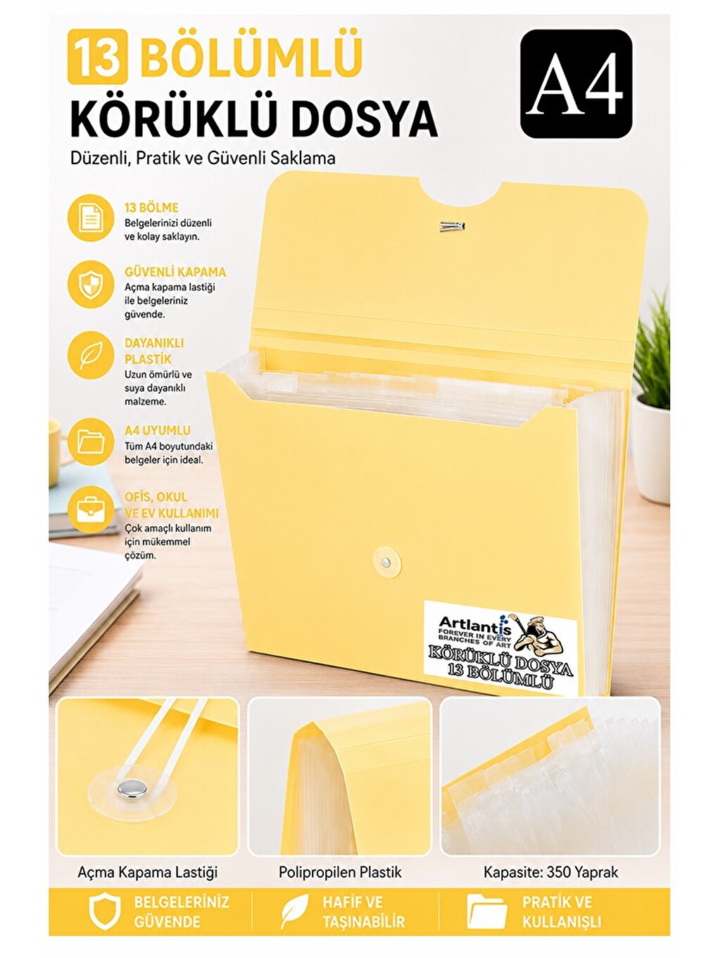 Körüklü Dosya 13 Bölmeli Pastel Renkler 1 Adet A4 Akardiyon Dosya Düzenleyici 13 Cepli Lastikli Dosy