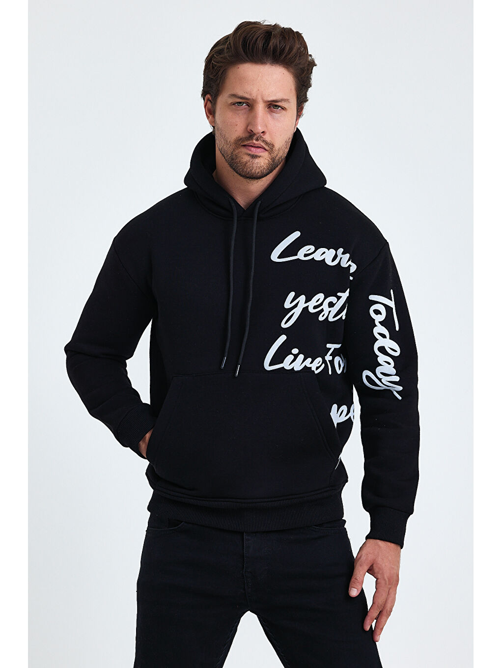 Tarz Cool Siyah Erkek Today Yazı Baskılı 3 İplik Şardonlu Kapüşonlu Regular Sweatshirt - 2