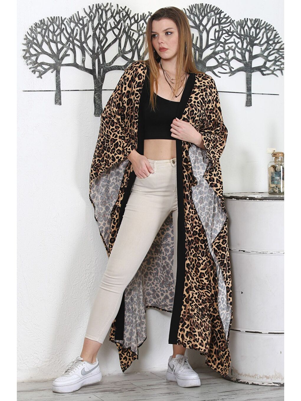Kahverengi Leopar Rengi Allover Baskılı Kuşaklı Casual Oversize Dokuma Kimono Ceket-3