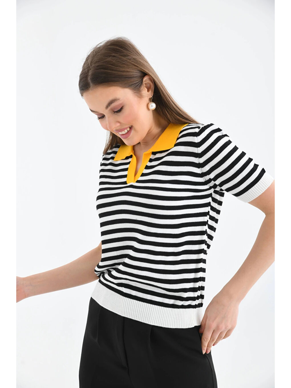 Sarı Kadın Polo Yaka Çizgili Triko Kazak-1