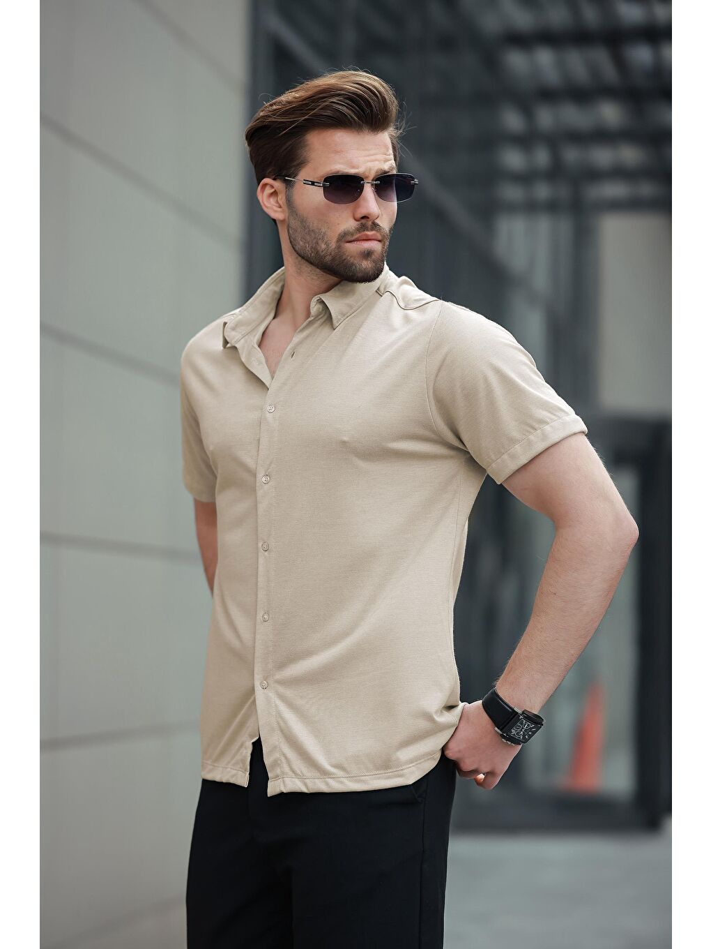 Bej Basic Kısa Kollu Erkek Gömlek E6760-1