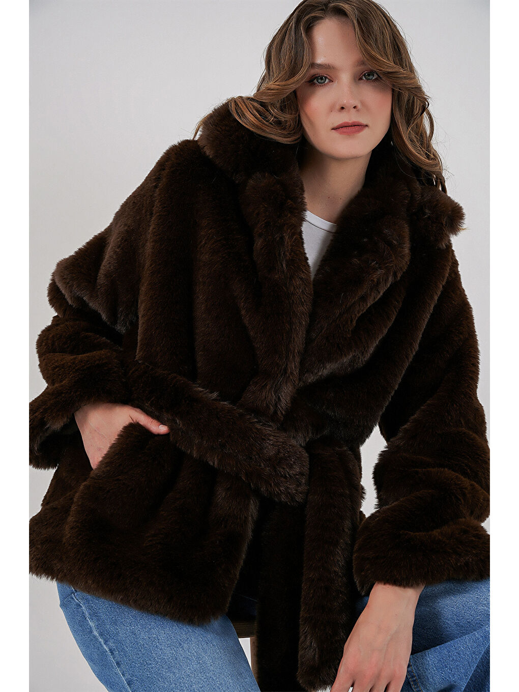 Kadın Pelüş Kürk Mont 5234 - Kahverengi-3