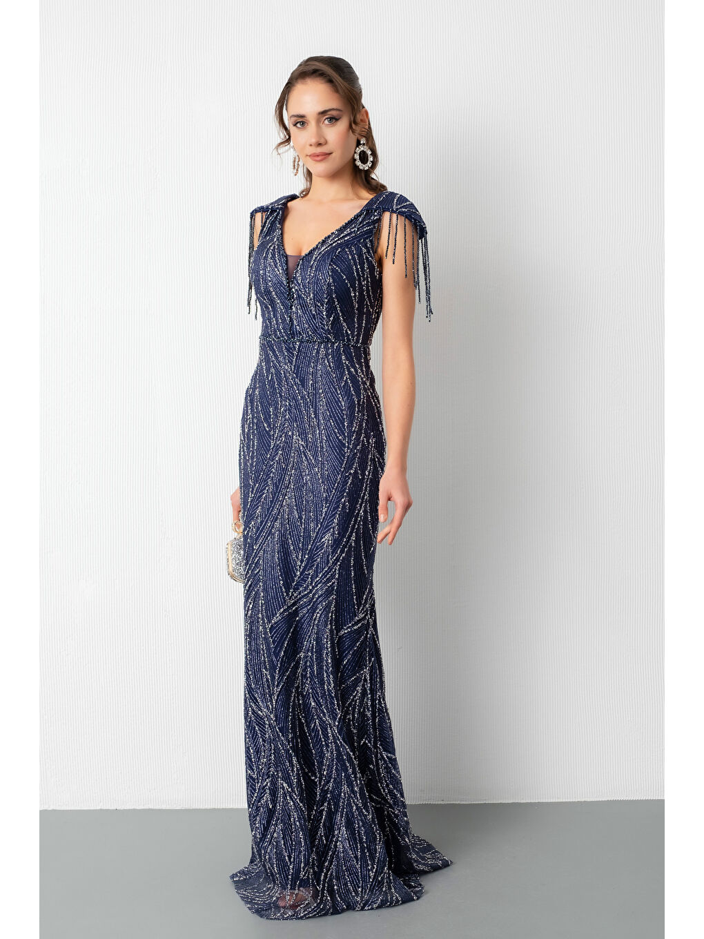 Kadın Lacivert Omuz Detay Simli Uzun Abiye Elbise-1