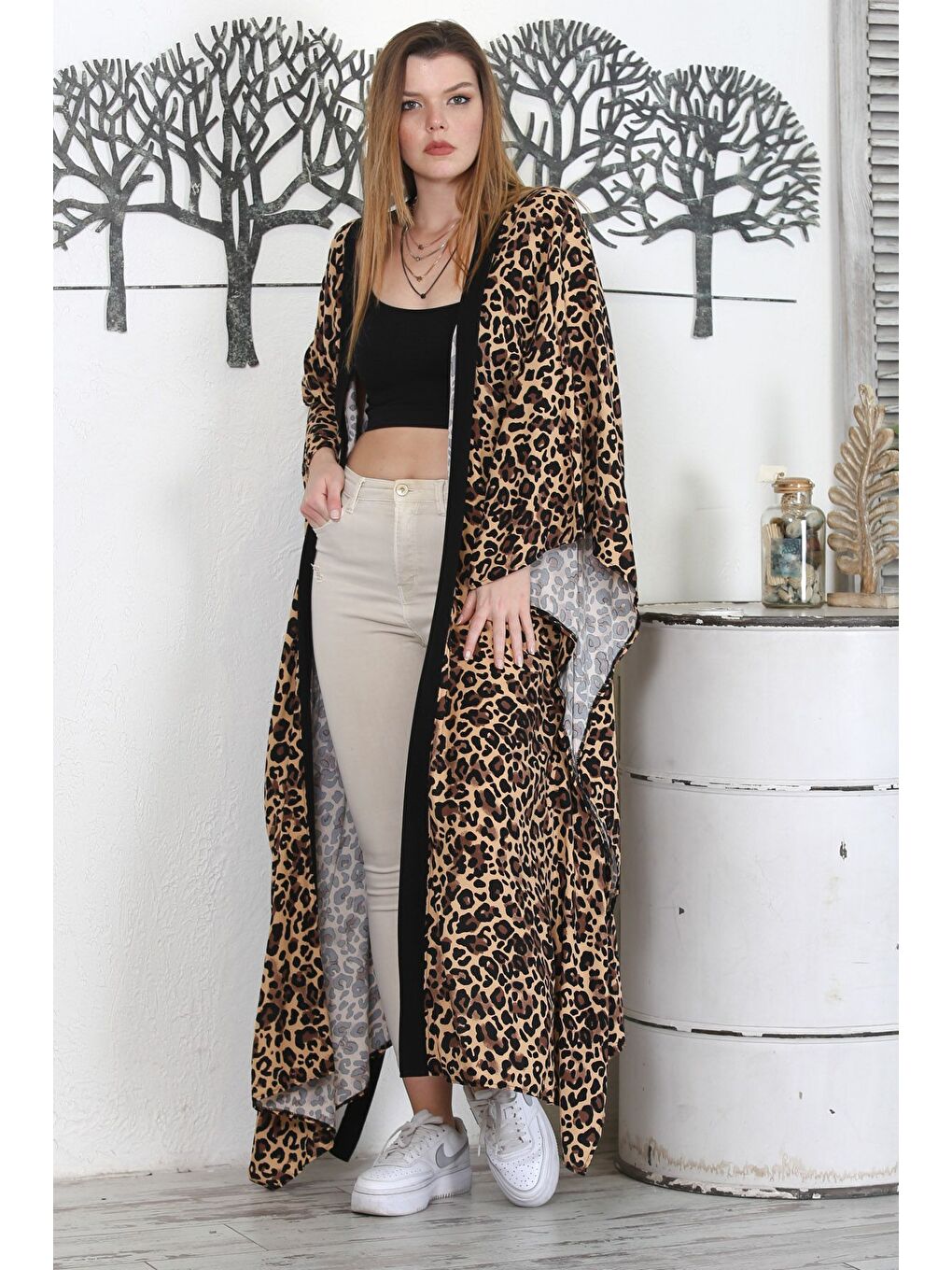 Kahverengi Leopar Rengi Allover Baskılı Kuşaklı Casual Oversize Dokuma Kimono Ceket-4