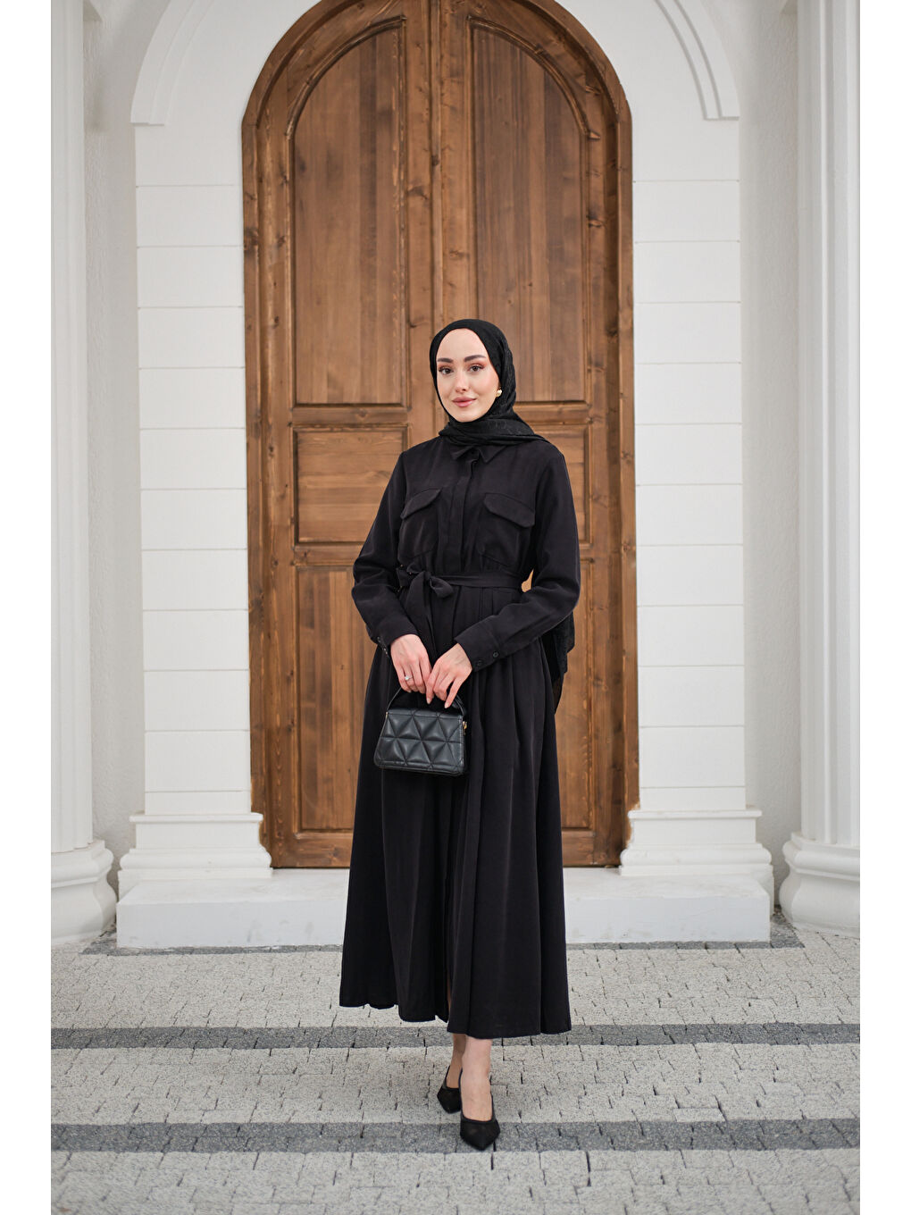 Kadın Beli Kuşak Detay Gömlek Elbise Siyah-1