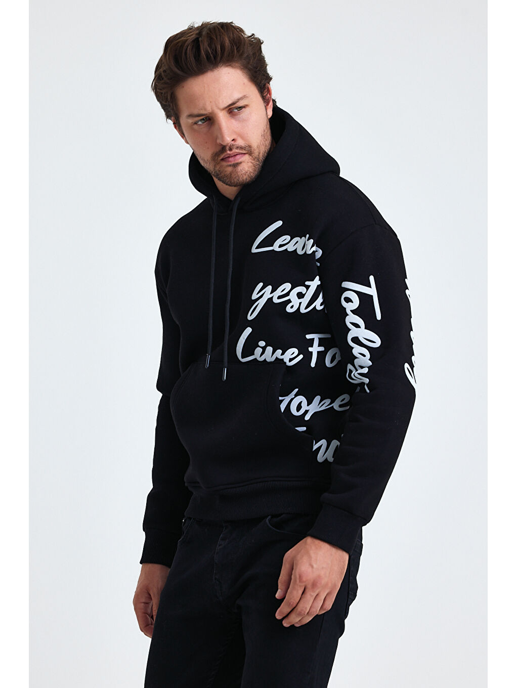 Tarz Cool Siyah Erkek Today Yazı Baskılı 3 İplik Şardonlu Kapüşonlu Regular Sweatshirt - 4