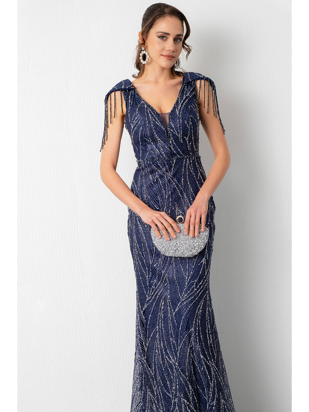 Kadın Lacivert Omuz Detay Simli Uzun Abiye Elbise-2