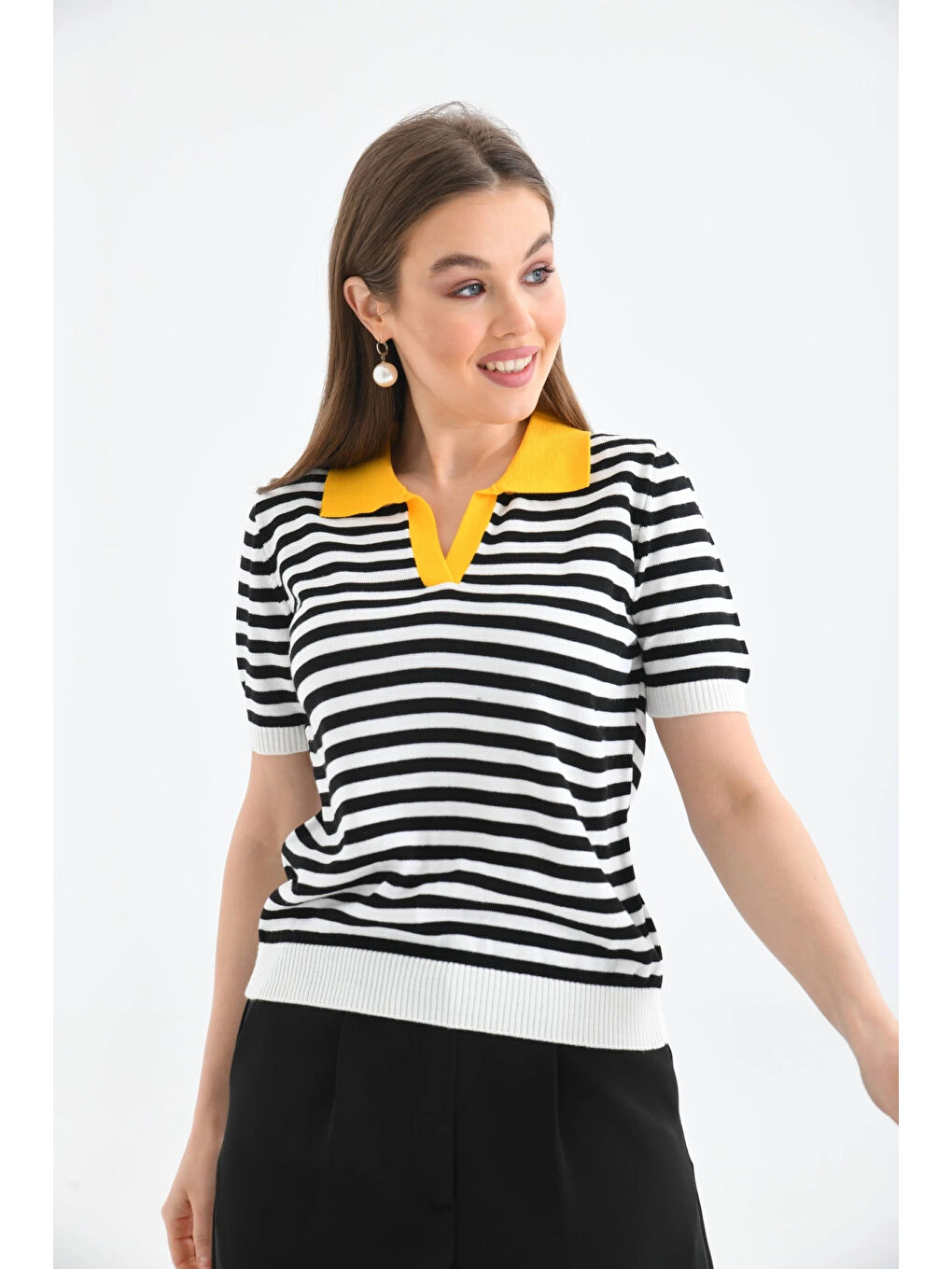 Sarı Kadın Polo Yaka Çizgili Triko Kazak-2
