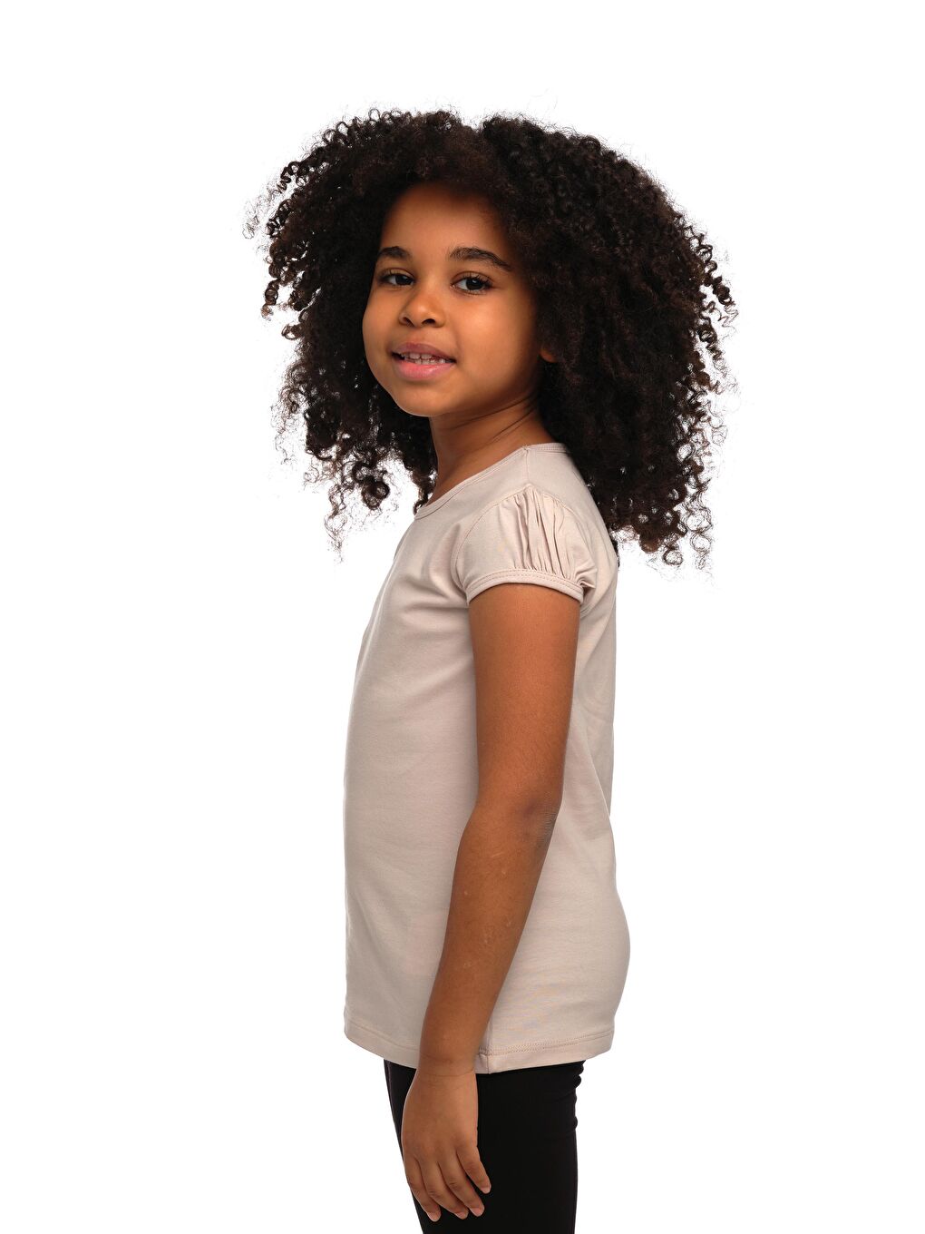 Bej Taş Kız Çocuk Kısa Kollu Basıc Tişört-1