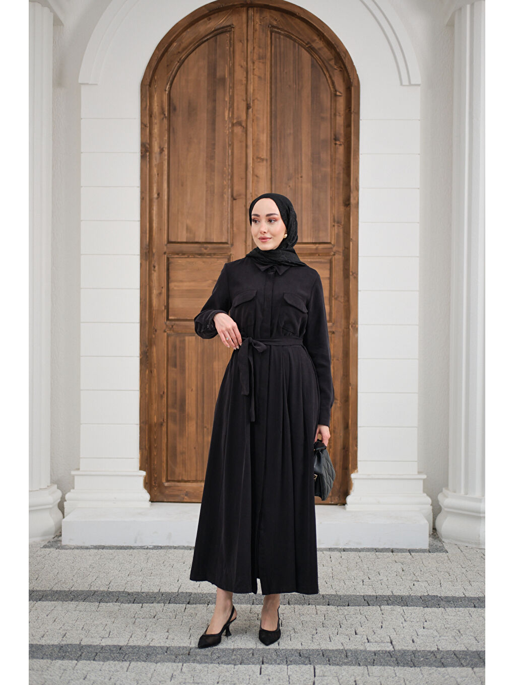 Kadın Beli Kuşak Detay Gömlek Elbise Siyah-2