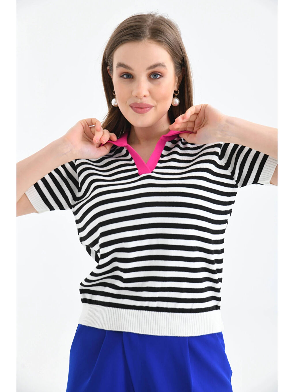 Fuşya Kadın Polo Yaka Çizgili Triko Kazak-4