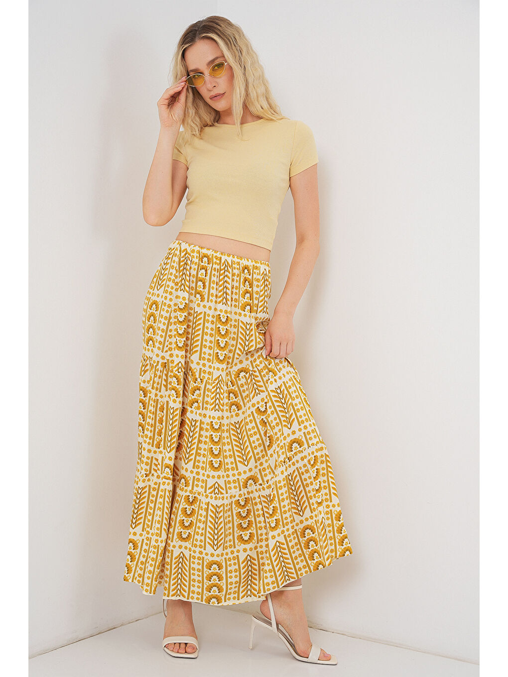 Kadın Desenli Uzun Etek 8053 - Sarı-2