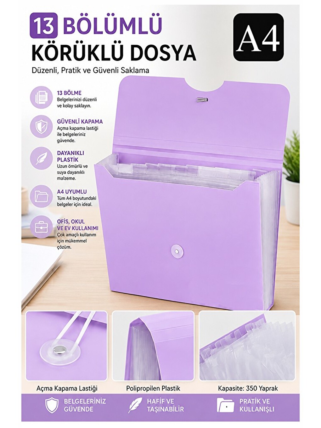 Körüklü Dosya 13 Bölmeli Pastel Renkler 1 Adet A4 Akardiyon Dosya Düzenleyici 13 Cepli Lastikli Dosy