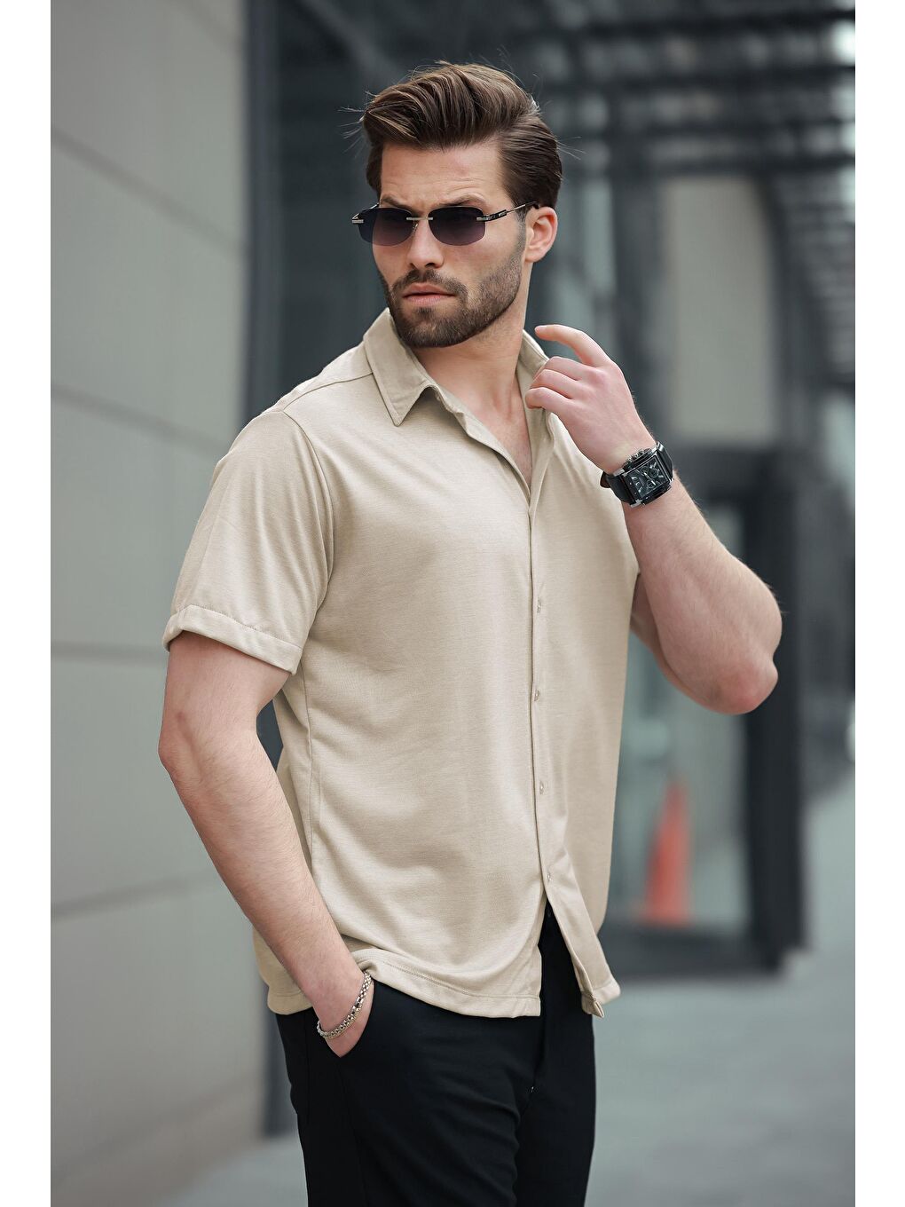 Bej Basic Kısa Kollu Erkek Gömlek E6760-2