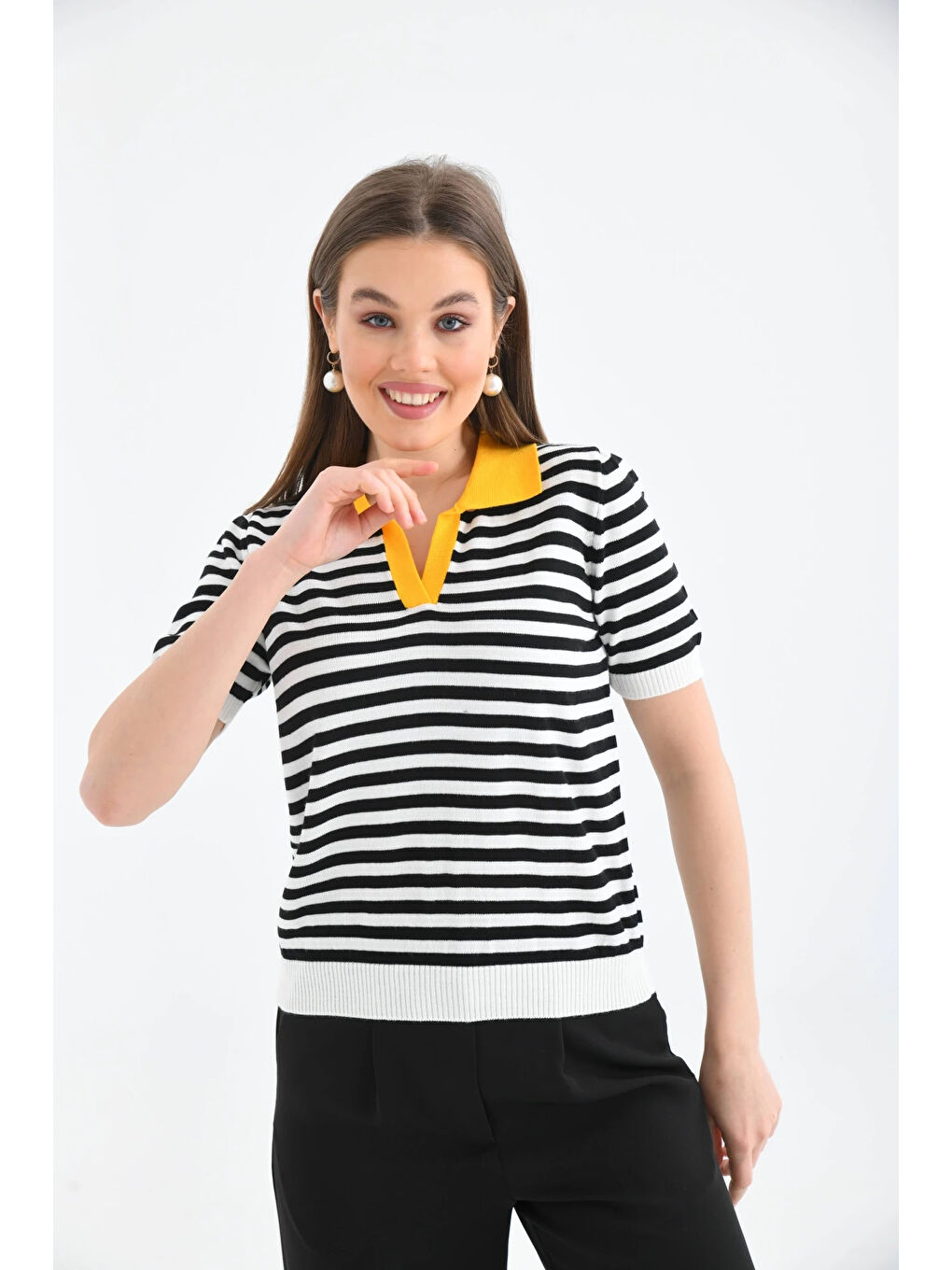 Sarı Kadın Polo Yaka Çizgili Triko Kazak-3