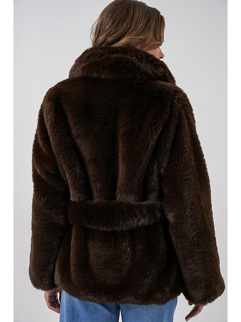 Kadın Pelüş Kürk Mont 5234 - Kahverengi-5