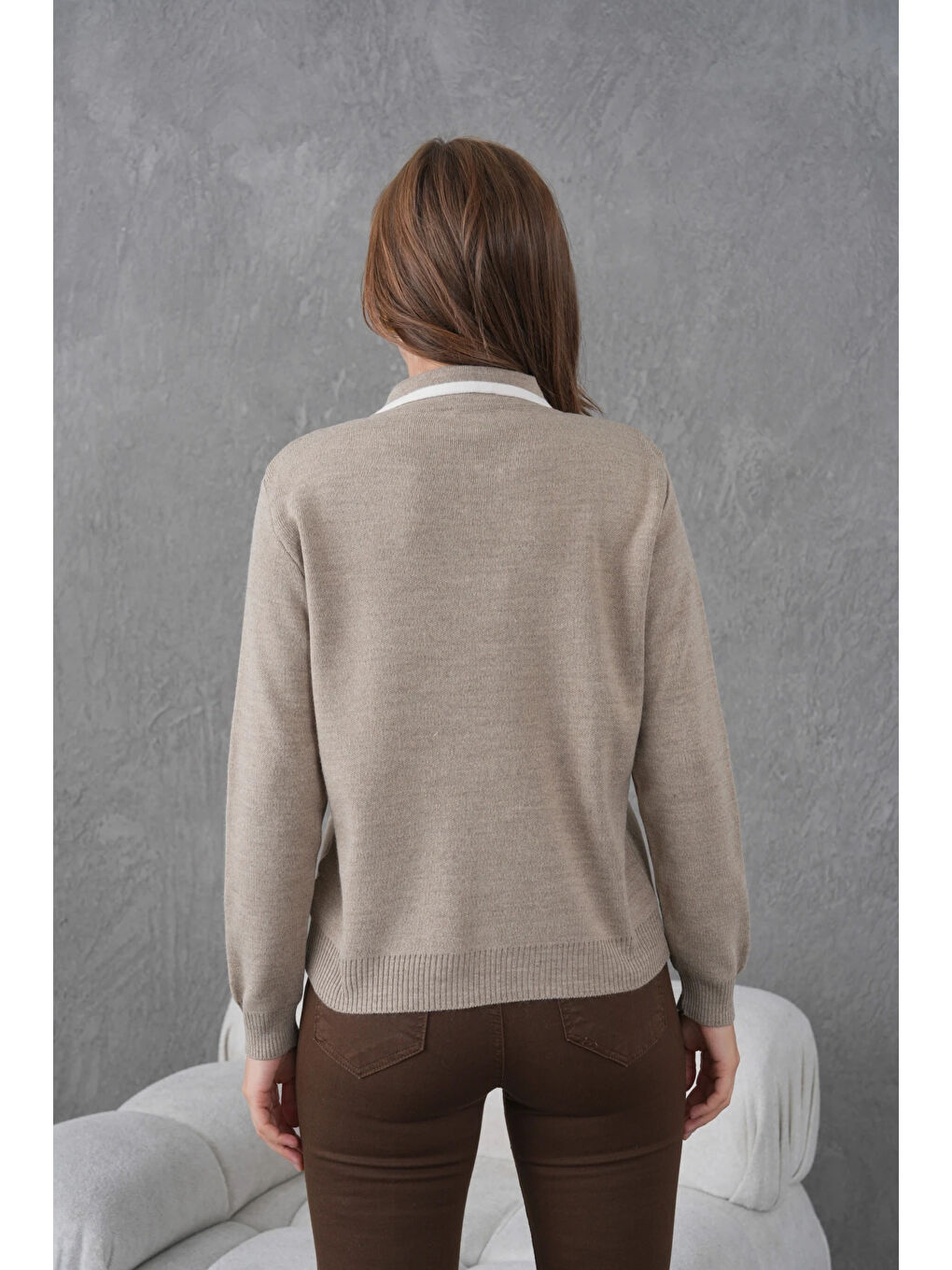 Bej Kadın Polo Yaka Yarım Pat Fermuar Kapama Basic Triko Kazak-3