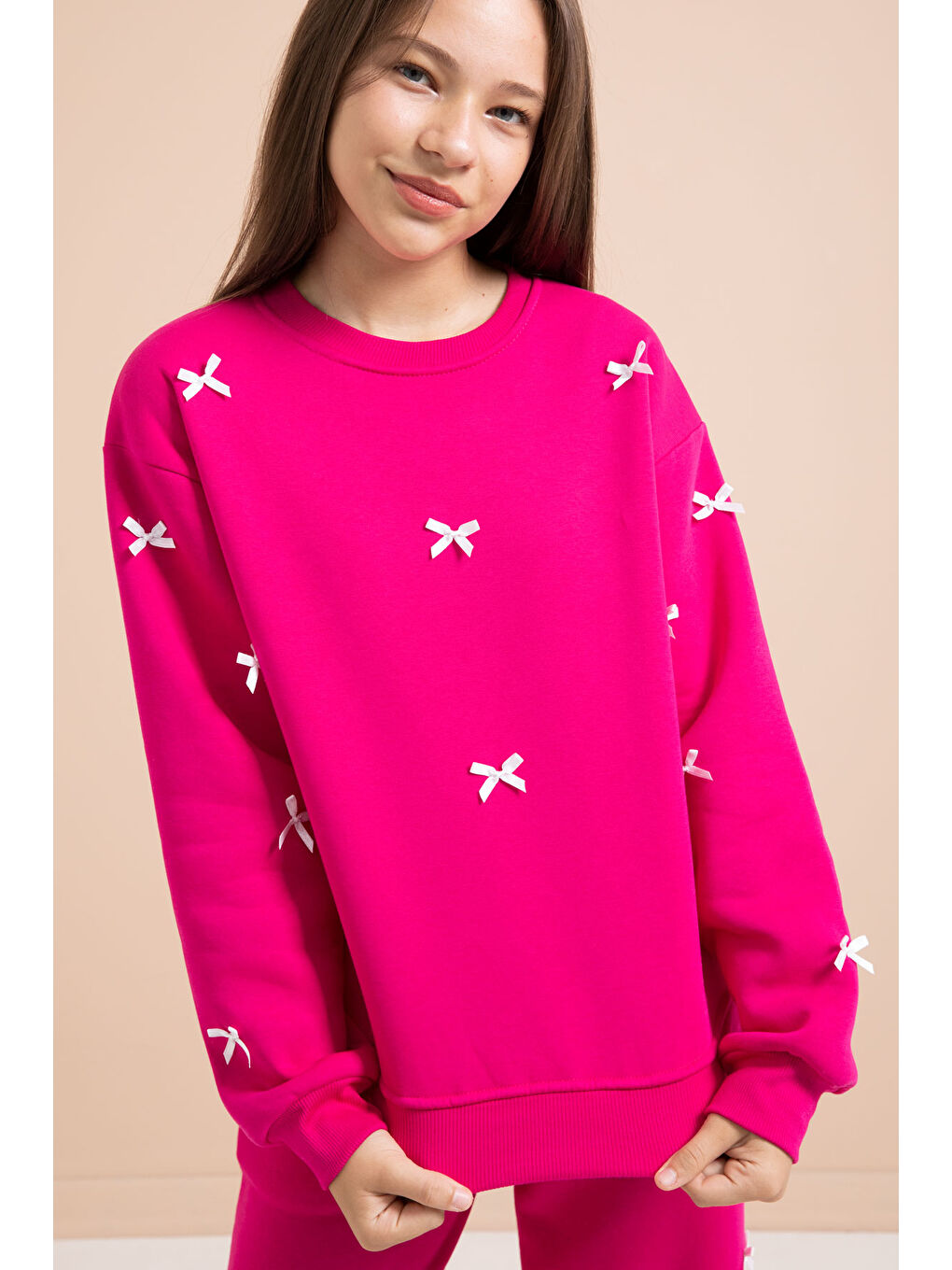 Fuşya Fiyonk Nakışlı Bisiklet Yaka Kız Çocuk Şardonlu Eşofman Takımı 21286-2