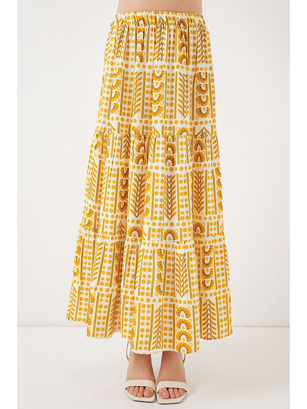 Kadın Desenli Uzun Etek 8053 - Sarı-3