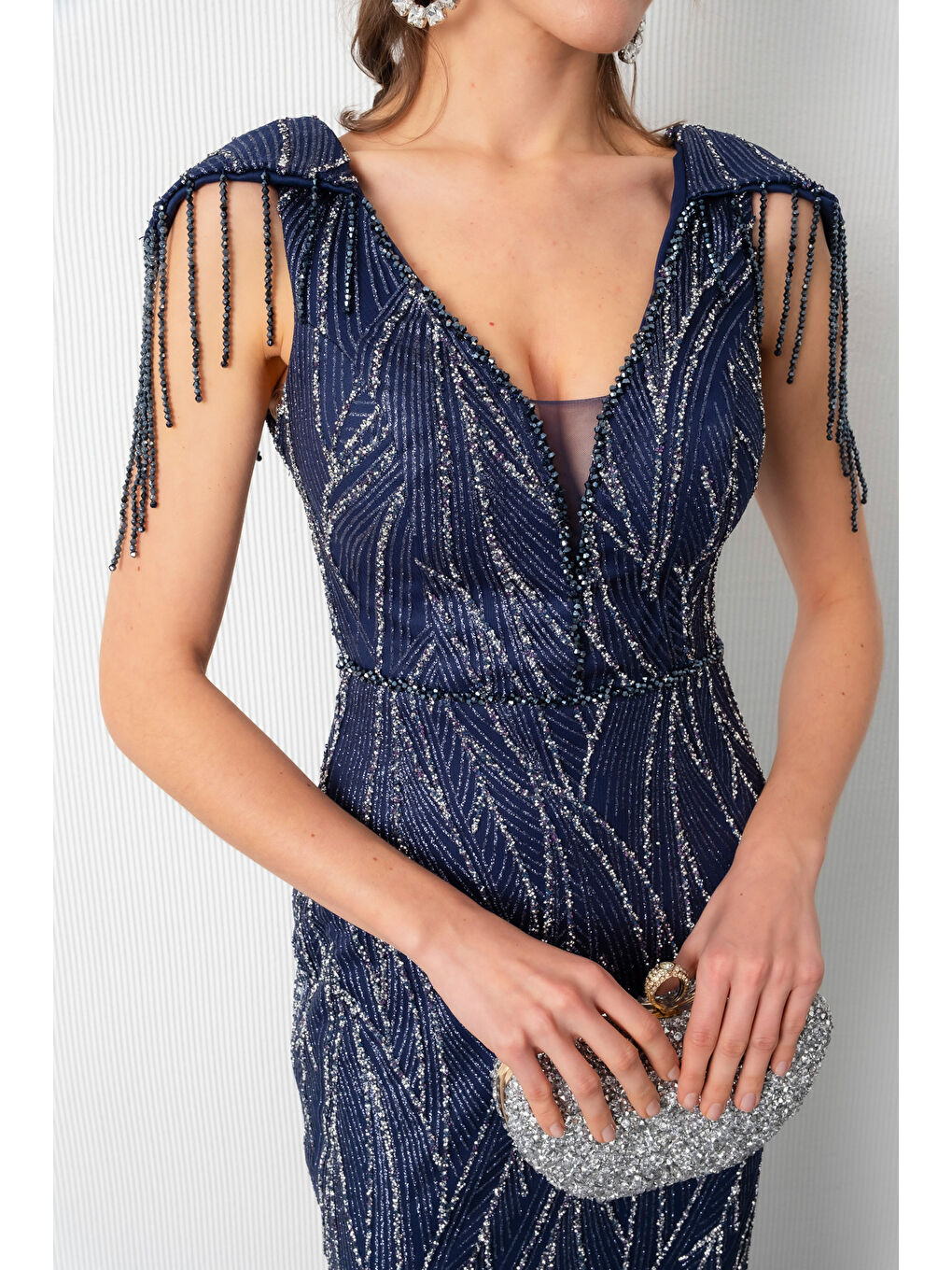 Kadın Lacivert Omuz Detay Simli Uzun Abiye Elbise-4