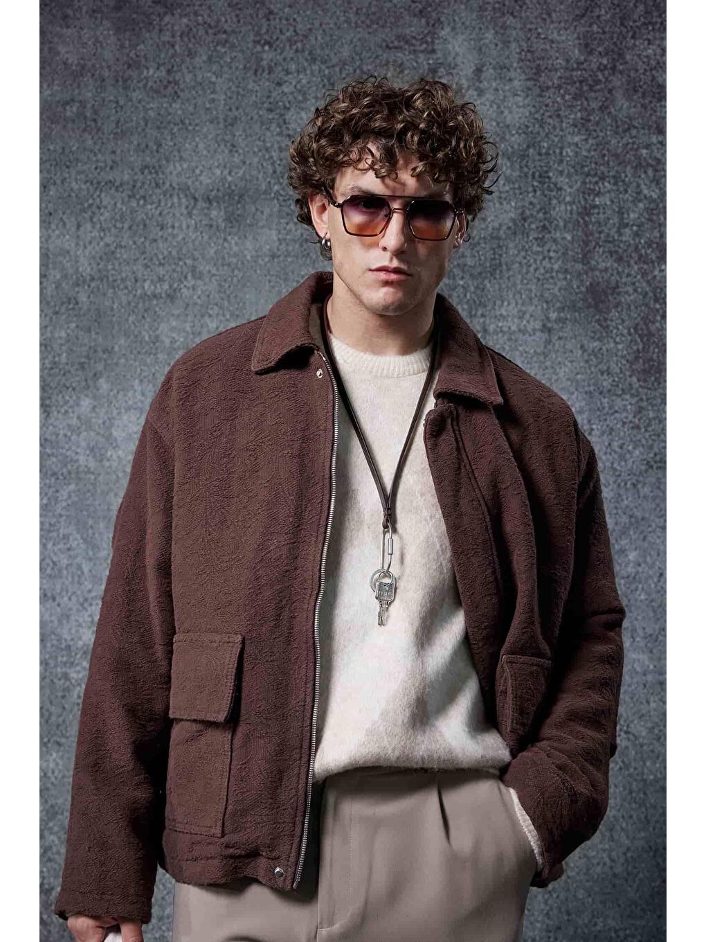 Erkek Boxy Fit Rahat Kesim Desenli Ceket Kahverengi-2