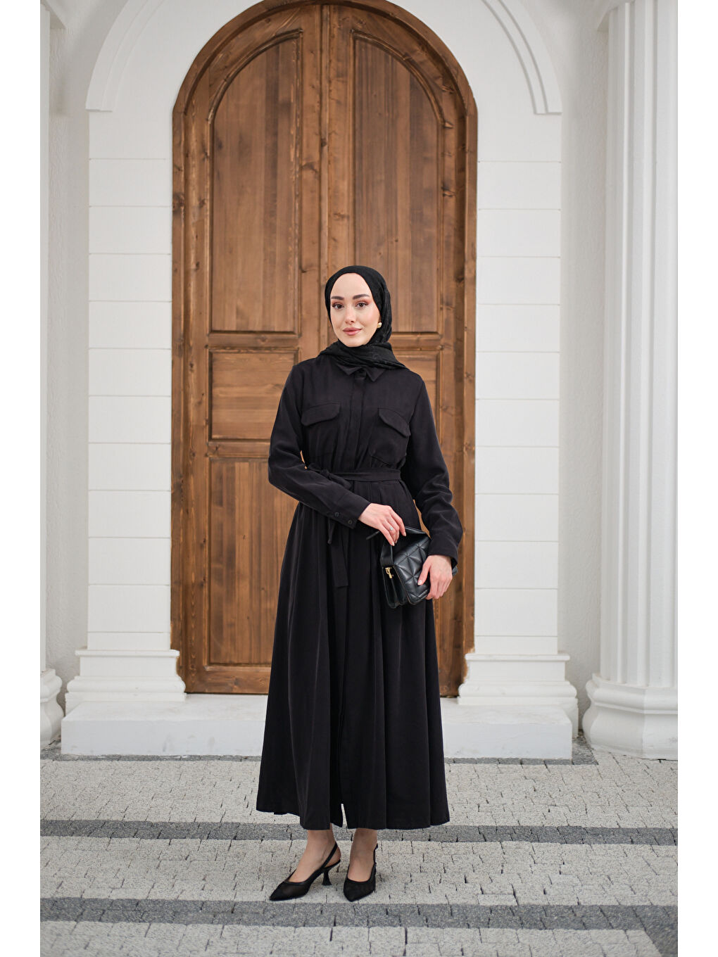 Kadın Beli Kuşak Detay Gömlek Elbise Siyah-4