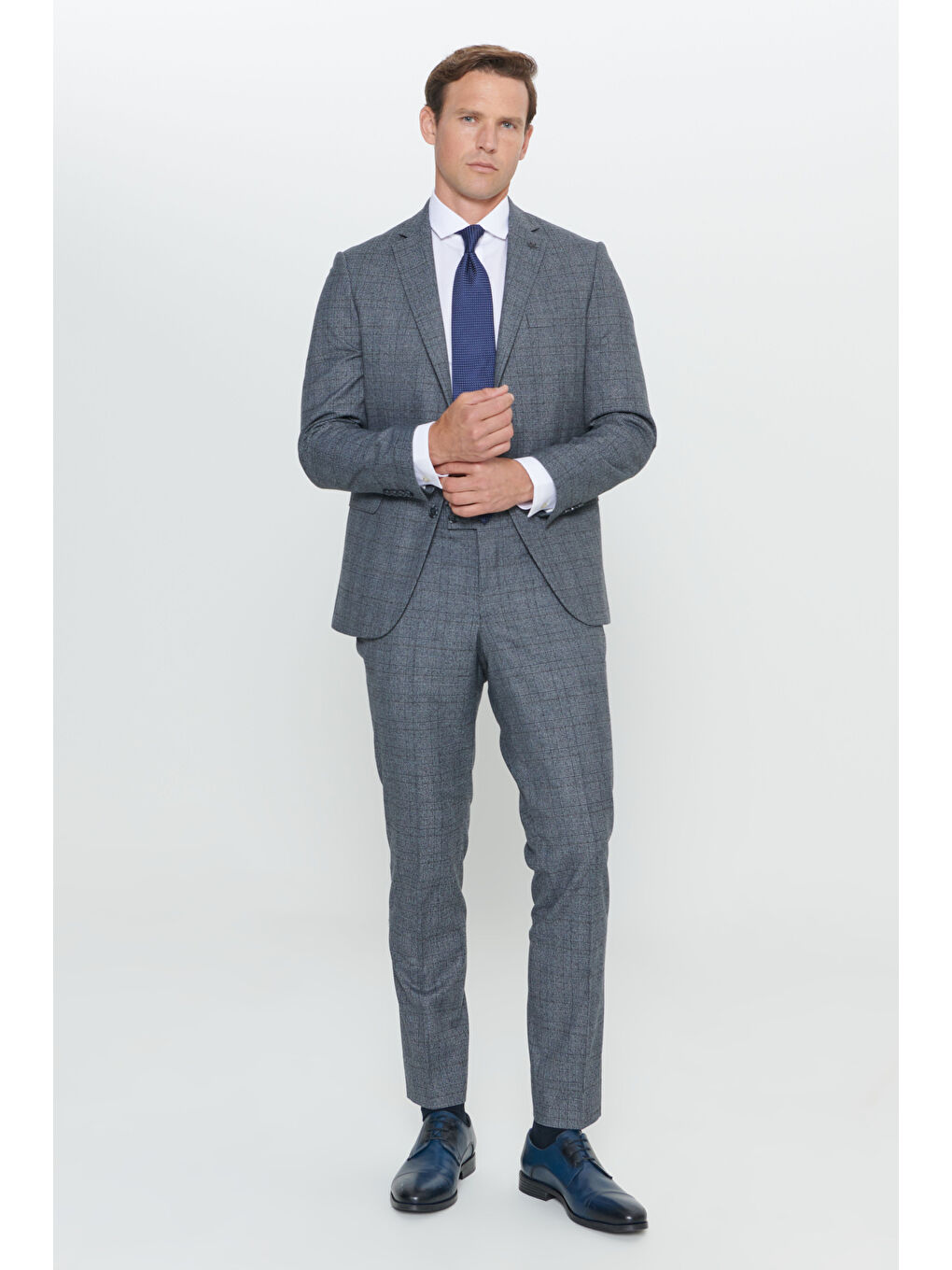 Erkek Gri-Mavi Slim Fit Dar Kesim Kareli Takım Elbise-1