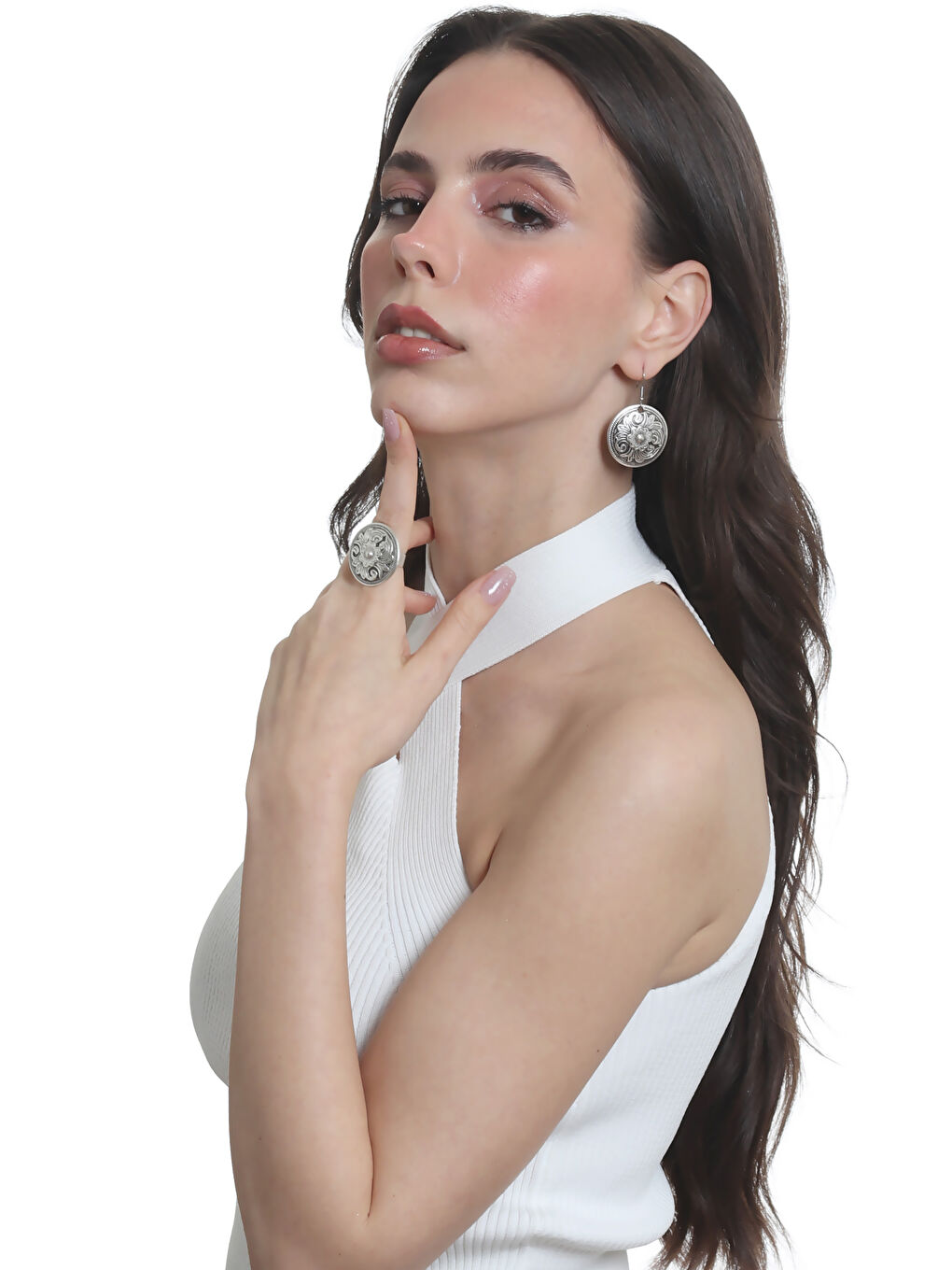 Gri Kadın Antik Gümüş Kaplama Ayarlanabilir Çiçek Motifli Yüzük & Sallantılı Model Küpe-2