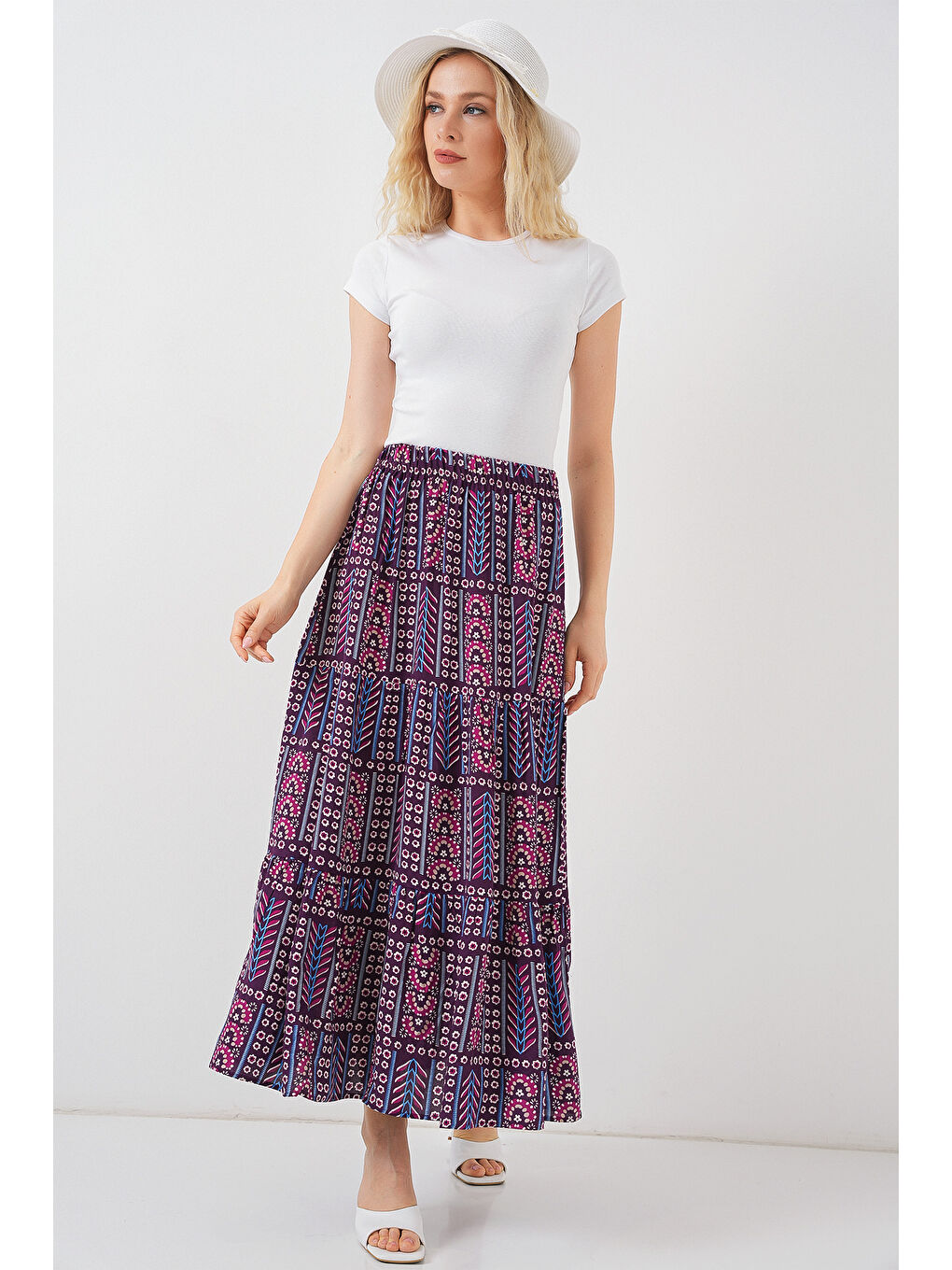 Kadın Desenli Uzun Etek 8053 - Mor-2