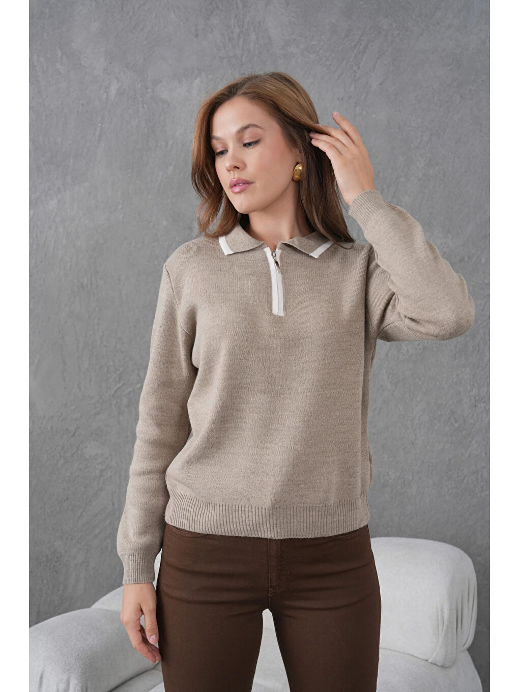 Bej Kadın Polo Yaka Yarım Pat Fermuar Kapama Basic Triko Kazak-4