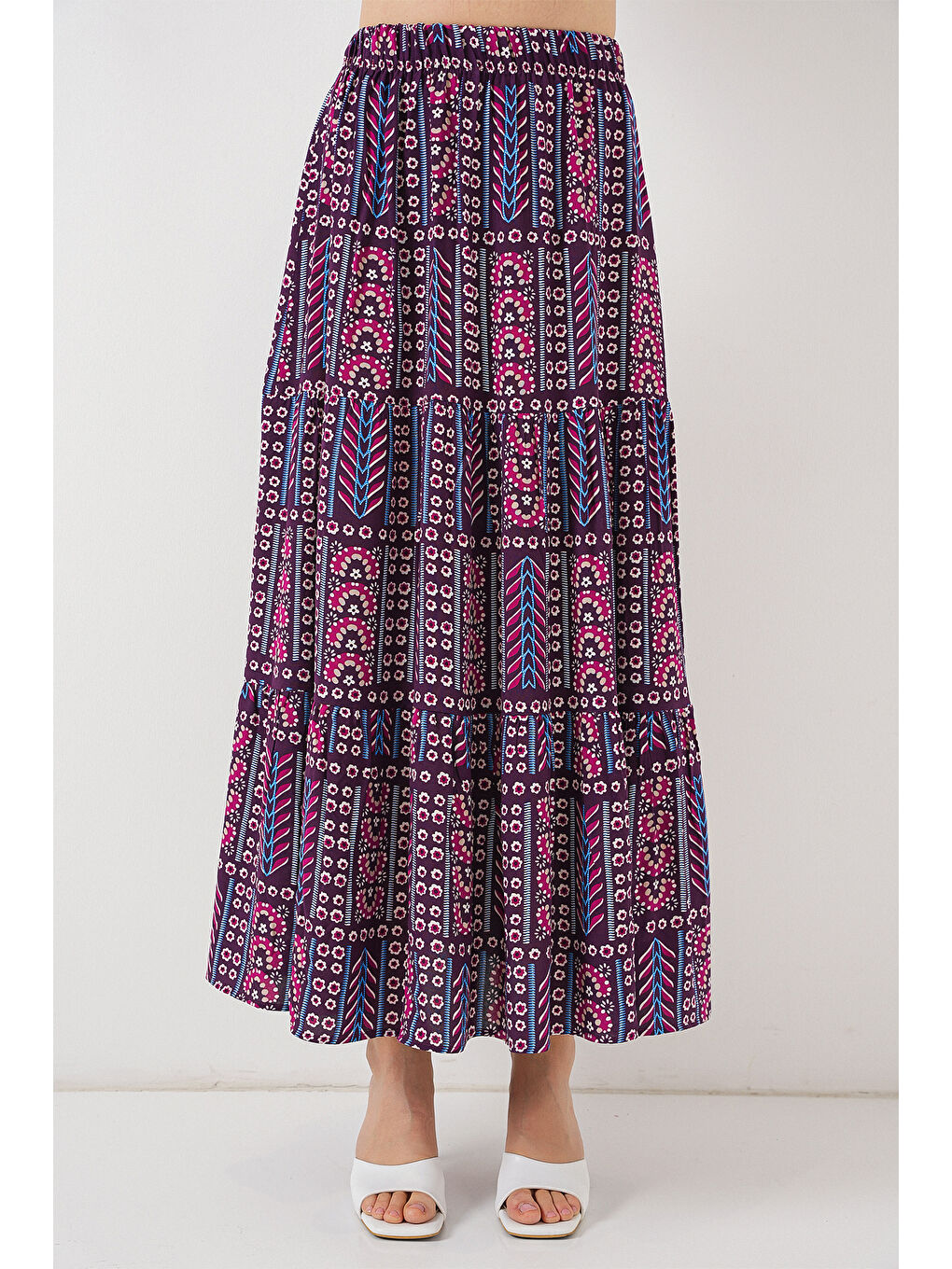 Kadın Desenli Uzun Etek 8053 - Mor-3