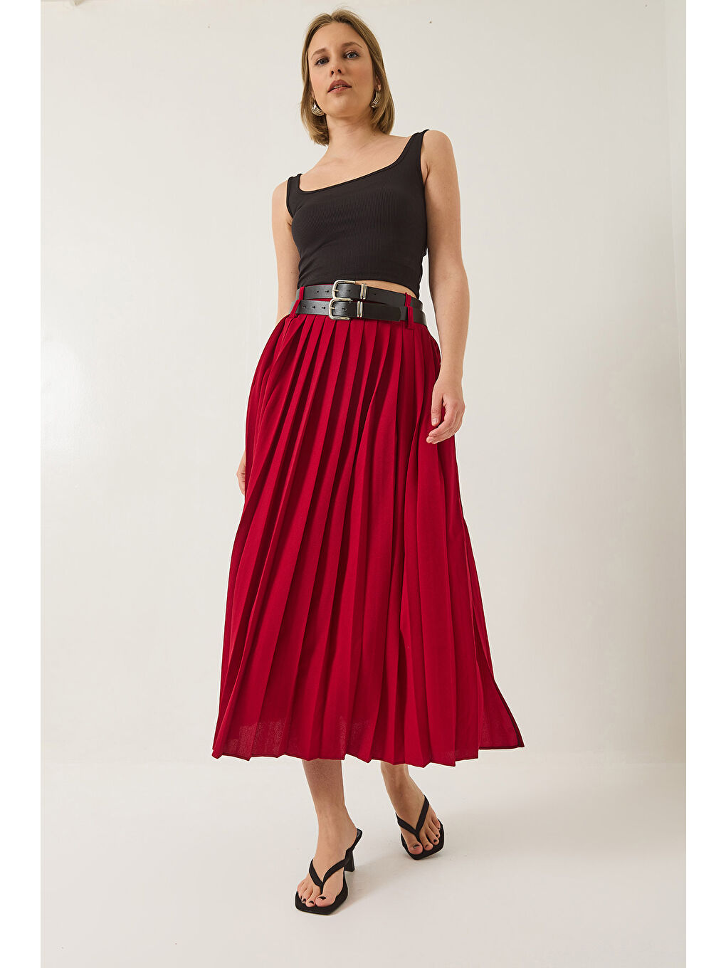 Bordo Kadın Çift Kemerli Yırtmaç Detaylı Piliseli Uzun Etek-2