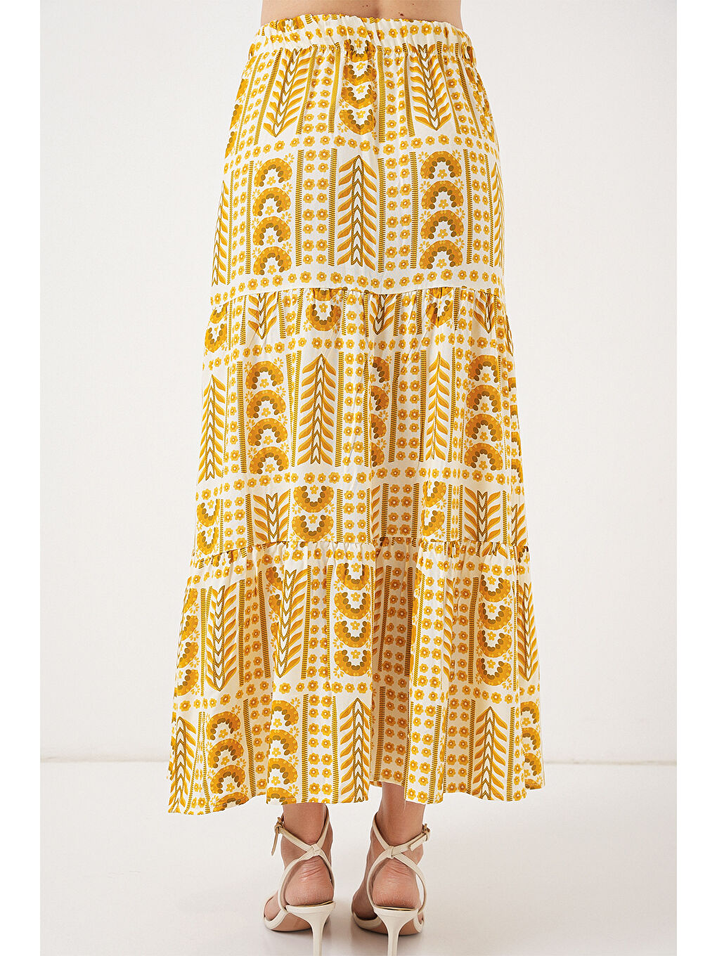 Kadın Desenli Uzun Etek 8053 - Sarı-5