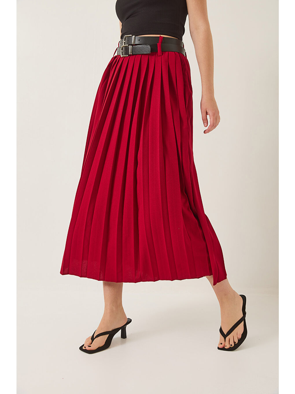 Bordo Kadın Çift Kemerli Yırtmaç Detaylı Piliseli Uzun Etek-5