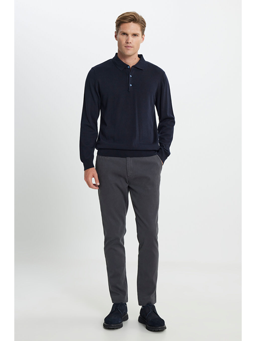 Erkek Lacivert Standart Fit Normal Kesim Polo Yaka Pamuklu Triko Kazak-1