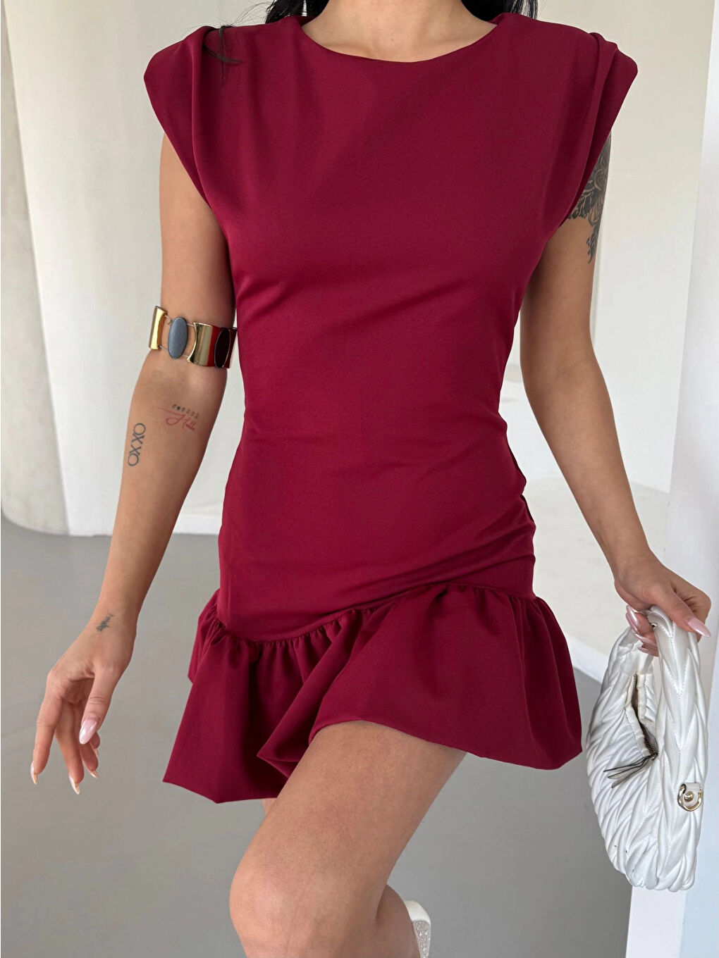 Kadın Bordo Vatkalı İthal Dooble Kumaş Kolsuz Mini Elbise HZL25S-FRY12274-2